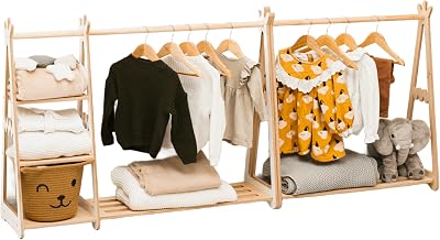 Montessori Teepee Style Clothing Rack Furniture for Toddler Wood Kids Playroom Natural Wooden Nursery Baby Neutral Room Storage Clothes Shelf Kids Gift 2nd 3rd Birthday Big with Shelves, Natural