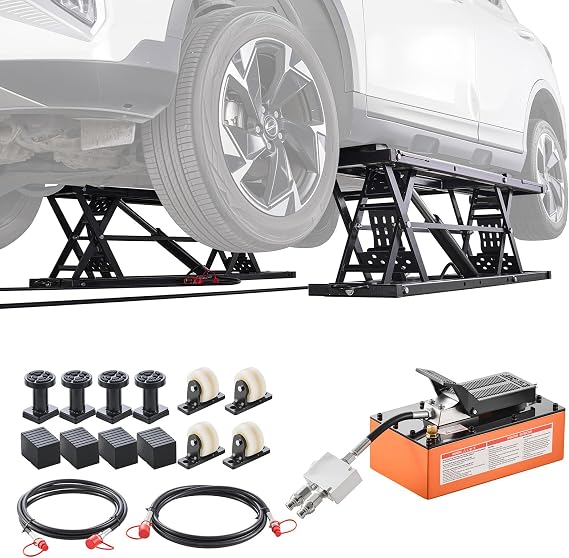 VEVOR Portable Car Lift, 7000 lbs Capacity, Heavy Duty Steel Truck Lift with 26.8" Max Height, Pneumatic Pump, Wheels, 4 Rubber Pads & 4 Lifting Columns for Cars, SUVs, Trucks, Home Garage or Shop Use