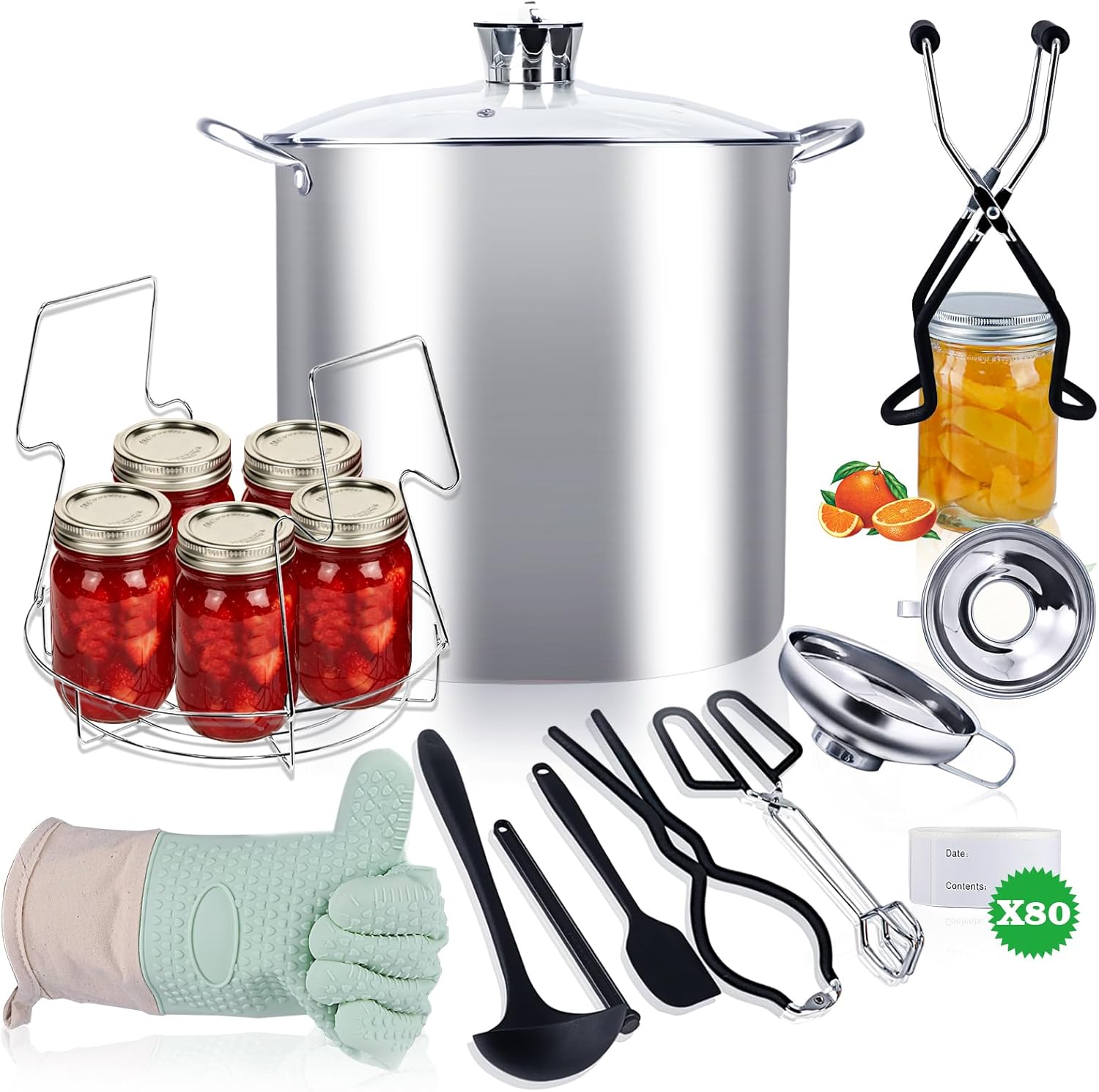 Stainless Steel Canning Pot-Canning Supplies Starter kit, Canning Tool Kits Set for Beginners, Water Bath canner with Rack for Canning, Induction Compatible (24L, Silver)