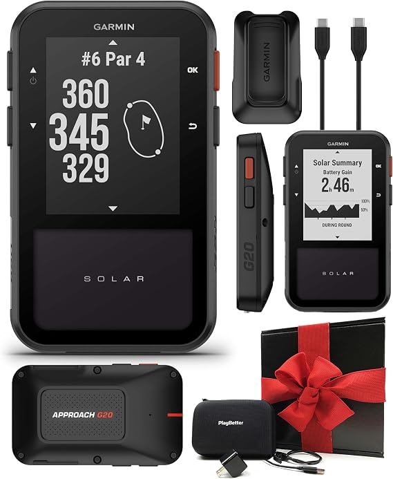 Garmin Approach G20 Solar GPS Golf Handheld Gift Box Bundle - Solar Charging, Sunlight-Readable High-Resolution Display, Built-in Magnetic Mount with PlayBetter Wall Adapter & Hard Case