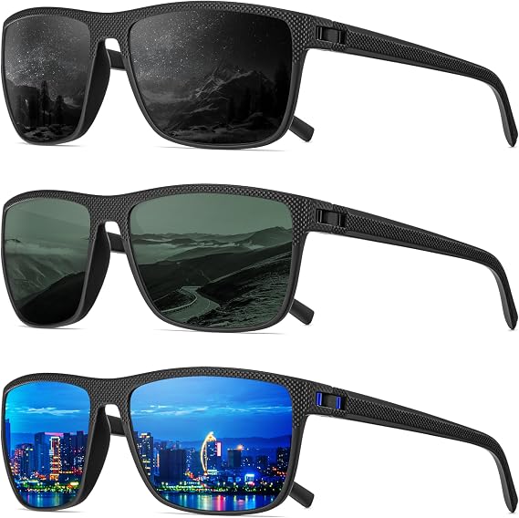 3 Pack Retro Square Polarized Sunglasses for Men UV Protection Rectangular Outdoors Sunglasses with Trendy Frame, Black/Dark Green/Dark Blue, M