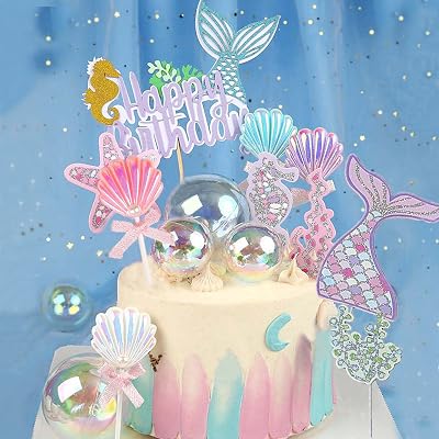 Little Mermaid 14PCS Cake Toppers Set for Girls 2-5th Birthday & Baby Shower - Under the Sea Party Supplies for Cupcakes & Cakes