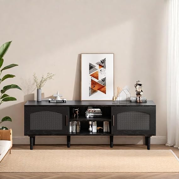 FONTOI TV Stand, Media TV Console for TV up to 60, Fluted Entertainment Center with 2 Rattan Design Doors, TV Cabinet with Wood Legs & Golden Handles, Television Stands for Living Room, Black