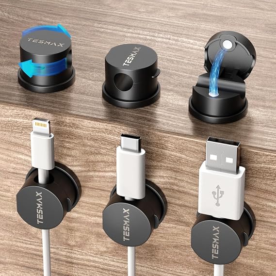 Magnetic Cord Holder 360Rotation Cord Organizer, 6Pack Cable Clips [1s Lock] Adhesive Cable Management Desk Organizers and Accessories, Phone Charging Wire Holder for Nightstand,Car,Home Office