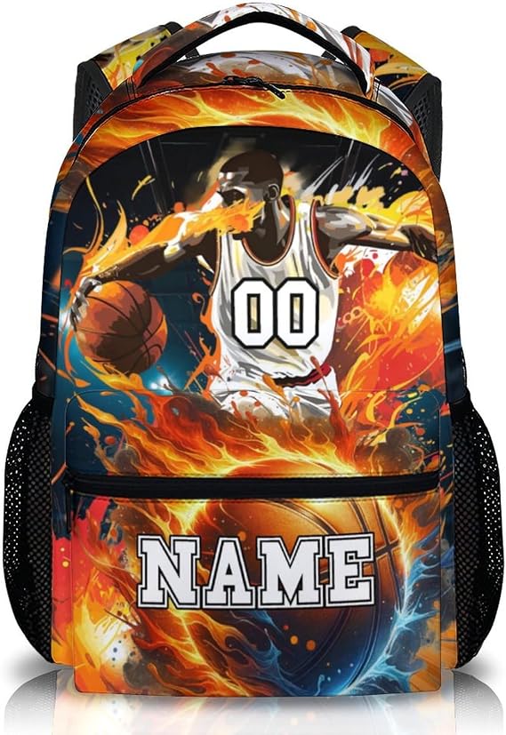 School Backpacks, Custom Kids Backpack, Personalized Name Basketball Bookbag for Students Boys, 17 Inch Large Capacity School Bag for Preschool Elementary Camping Hiking