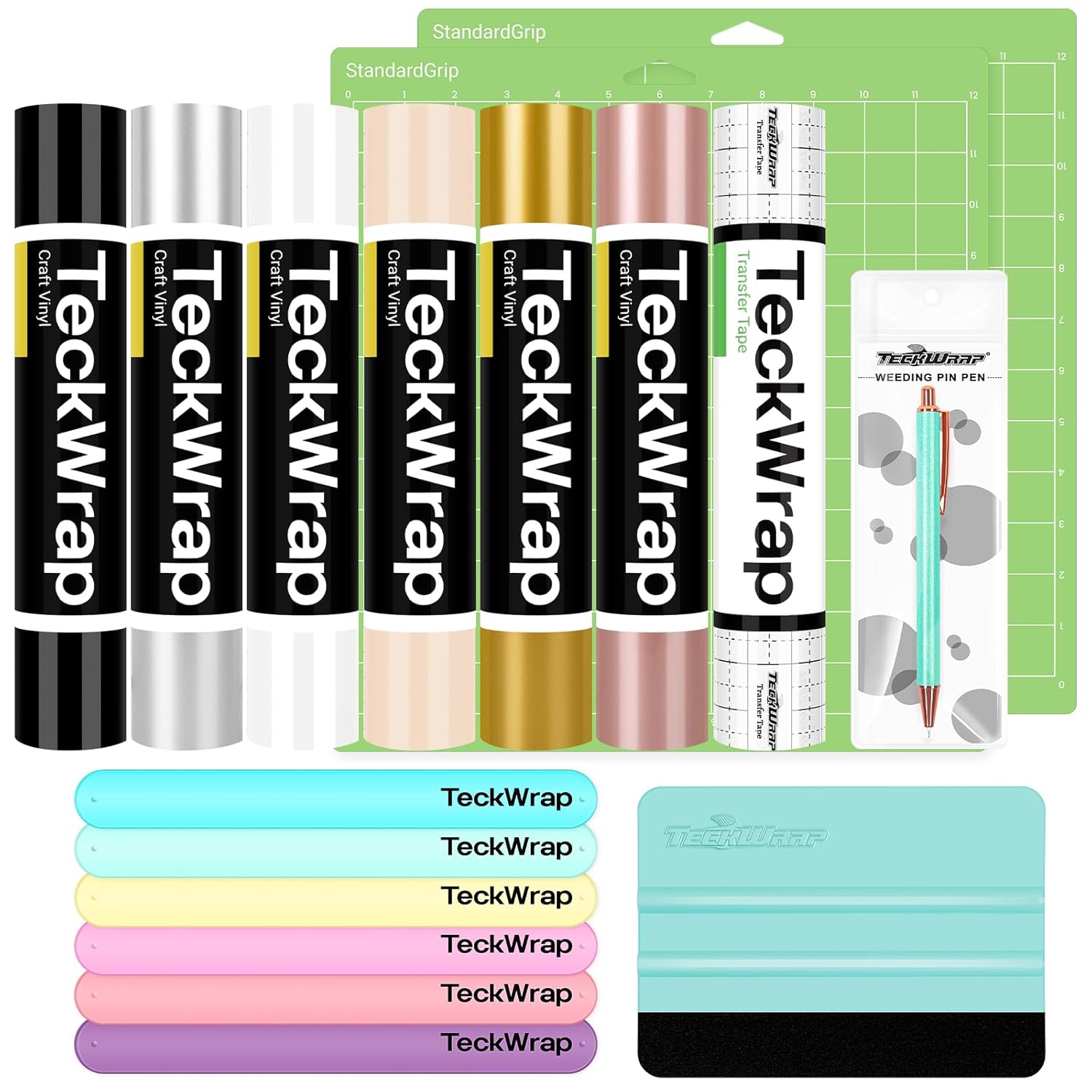 TECKWRAP Permanent Adhesive Vinyl Bundle - 30.5 cm x 1.5 m Rolls, 6 Colours, Transfer Tape, 10-Piece All-in-One Tool Kit for Cricut, Silhouette & Craft Projects