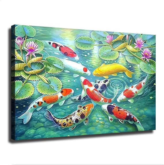 Modern Nine Koi Fish Feng Shui Carp Lotus Pond Canvas Poster Modern Aesthetic Picture Wall Art Home Office Decoration Painting Holiday Gift (Framed,2436inch)