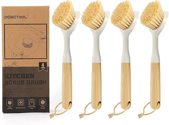 DEBETOOL 4-Pack Dish Brush, Built-in Scrubber with Handle