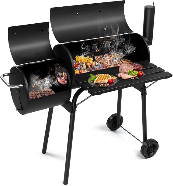 Outdoor Barrel BBQ Grill,Barrel Charcoal Grill with Offset Smoker, All Metal Outdoor Smoker with Side Table and Wheels for Outdoor Garden Patio and Backyard Cooking