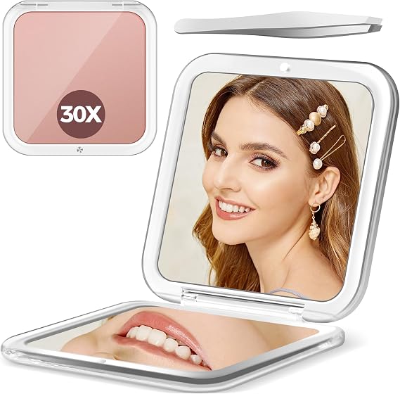 MOMOKUBA Magnifying Mirror 30x Make-Up Mirror with Magnification 8 x 8 cm Small Make-Up Mirror Double-Sided Folding Travel Mirror