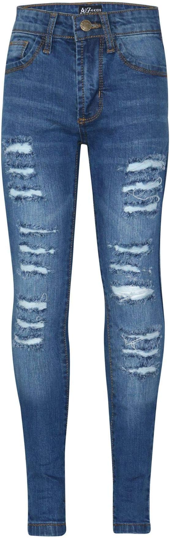 A2Z 4 Kids Girls Ripped Jeans Comfort Skinny Stretch Lightweight - Girls Jeans JN28 Mid Blue 9-10