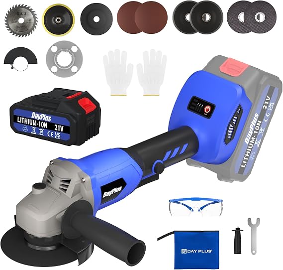 21V Cordless Angle Grinder, 6000mAh Battery and Charger, 10000RPM Brushless Angle Grinder, 4-1/2 Inch Brushless Electric Grinder, Battery Angle Grinder with 6 Metal Grinding Discs (Blue)