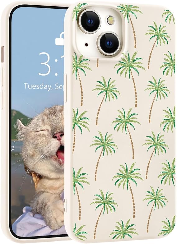 for iPhone 14 Case, Cute Palm Tree White Silicone Phone Case
