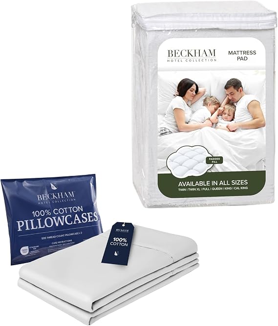 Beckham Hotel Collection Mattress Pad & Cotton Pillowcases, Queen, White