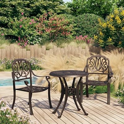 3 Piece Bistro Set Cast Aluminium Bronze Outdoor Patio Furniture with Umbrella Hole, Weather Resistant and Rustproof Design for Garden Terrace Seating