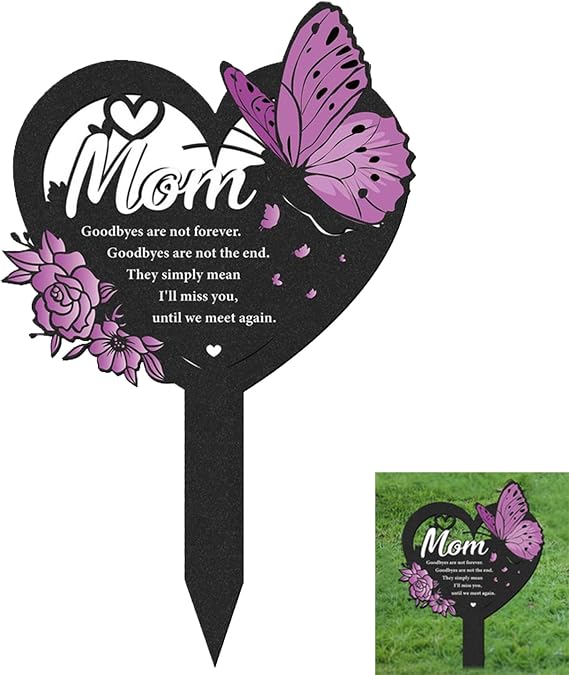 1Pcs Grave Marker, Butterfly Heart Cemetery Markers, Metal Cemetery Marker Stakes, Memorial Plaque Signs for Outdoors Cemetery Sympathy Garden Yard, Purple Flowers Decorations (Mom)