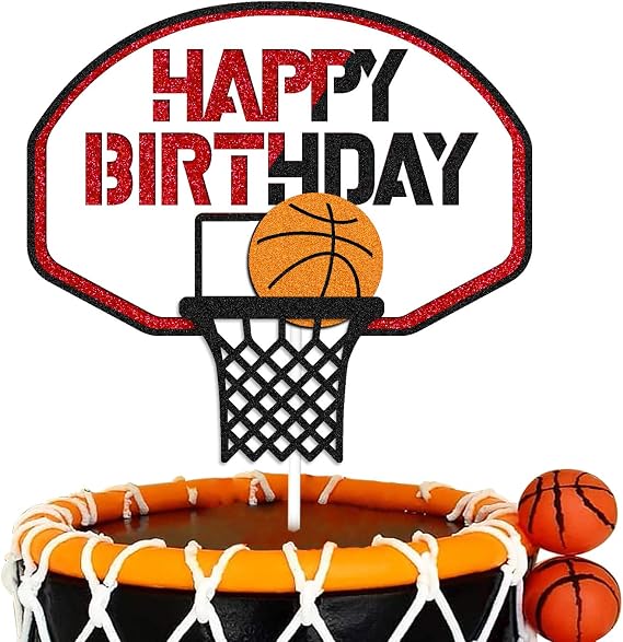 Basketball Cake Topper Happy Birthday Sign Cake Decorations for Basketball Ball Player Scene Sport Net Court Themed Man Women Boy Girl Birthday Party Supplies Double Sided