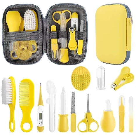 Qunlions life Baby Healthcare and Care Set Infant Safety Care Set with Hair Brush Comb Nail Clippers Baby Essentials Kit for Newborn Girls Boys (Yellow 14 in 1)