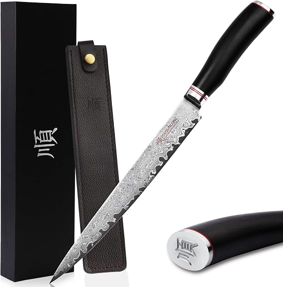 YOUSUNLONG Fillet Knife Pro Meat Carving Sashimi Knife 24.5cm - Right-handed - Japanese Hammered Damascus Steel Natural Ebony Handle With Leather Sheath