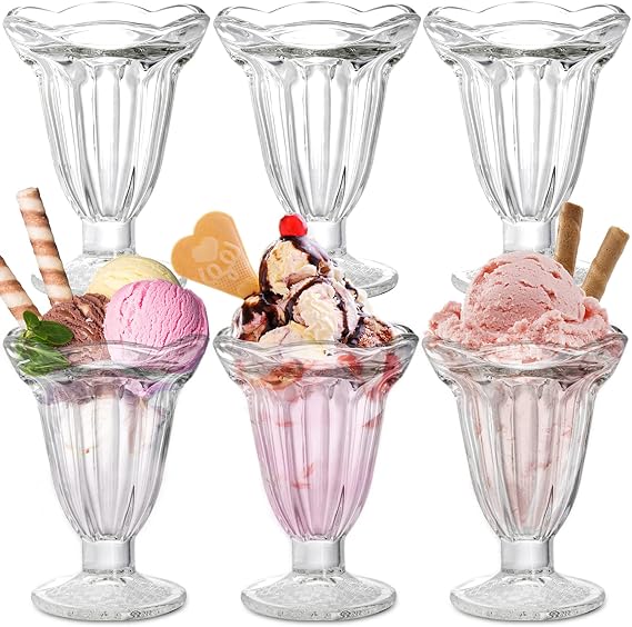 ZENFUN 6 Pack Glass Tulip Sundae Cups, 7 Fl Oz Clear Milkshakes Footed Ice Cream Cups Dessert Bowls Set for Sherbet Trifle, Fruit, Salad, Snack, Cocktail