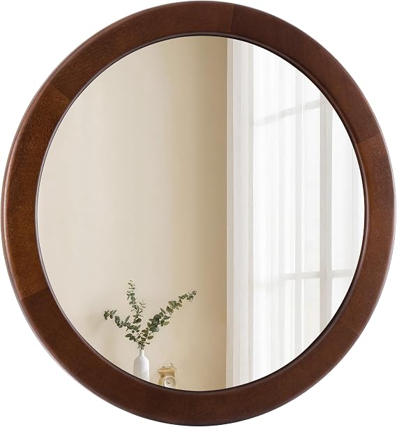 CULER Round Wood Mirror 24 Inch,Circle Mirror with Walnut Frame for Wall