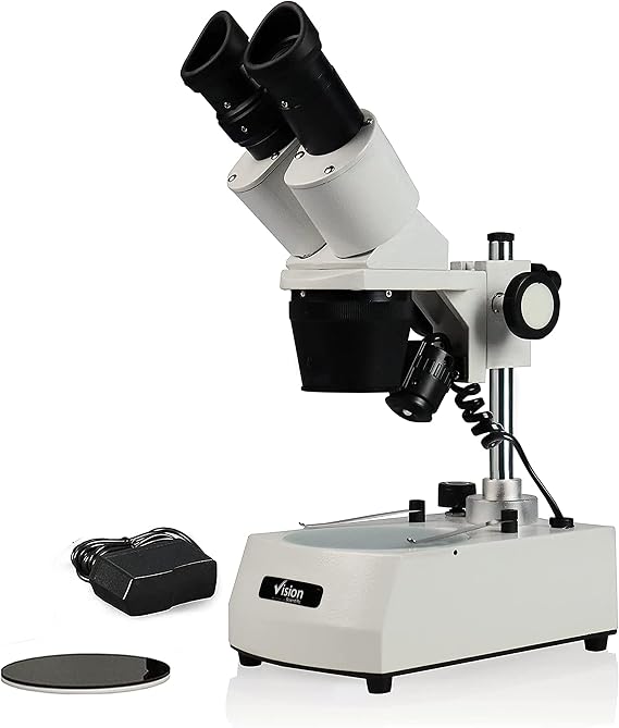 VMS0002-LD-24 Binocular Stereo Microscope, 10x Widefield Eyepiece, 2X and 4X Objectives, 20x and 40x Magnification, Top and Bottom LED Illumination, Post-Mounted Stand, 110V