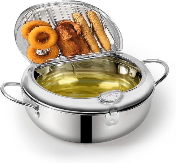 Deep Fryer Pot, Japanese Style Tempura Deep Fryer Frying Pot With Thermometer, Lid, Oil Drip Drainer Rack for French Fries Fish Shrimp Chicken 7.9 Inch/2.2 L 304 Stainless Steel Gifts