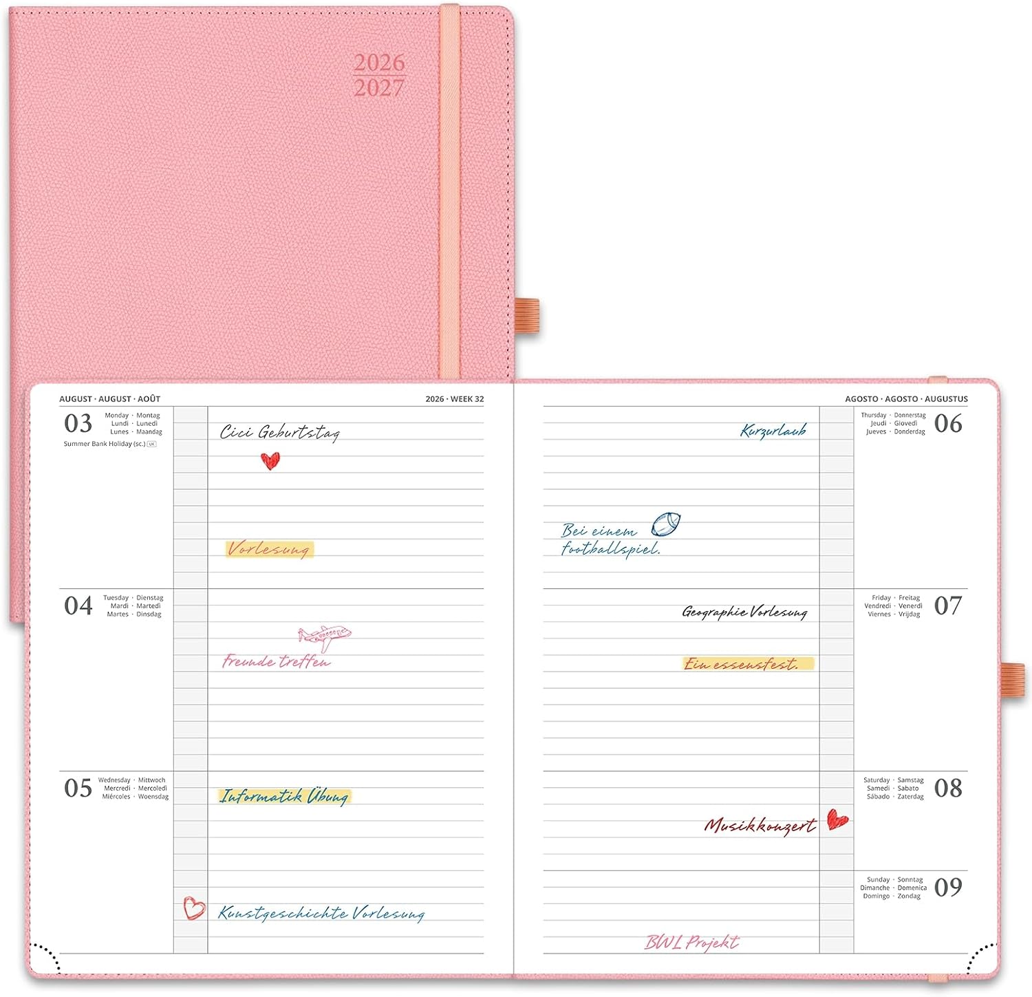 POPRUN Kalender 2026 2027 Horizontale Wochenplaner (Aug.2026-Dez.2027) Hardcover mit PU-Leder ca. A4 (21.8x264 cm) 17-Monate-Terminplaner 1 Woche 2 Seite (Zartrosa)