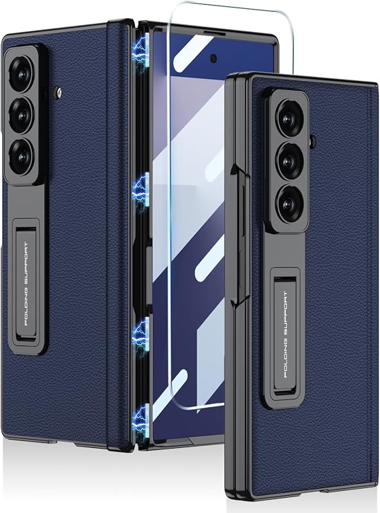 Leather Case for Samsung Galaxy Z Fold 7 with Kickstand,[Built-in Screen Protector and Magnetic Hinge Protection] Slim Luxury Plating Frame Shockproof Cover for Samsung Galaxy Z Fold 7(Blue)