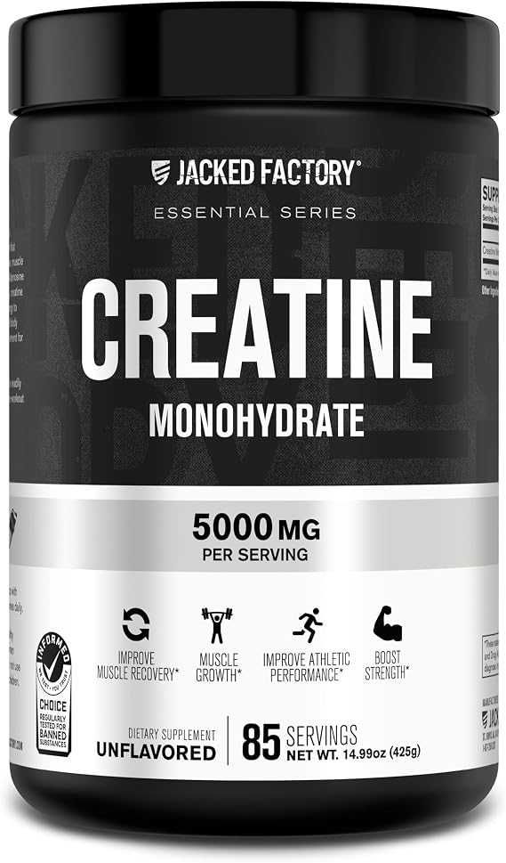 Jacked Factory Creatine Monohydrate Powder 425g - 5g Daily Micronized Creatine Monohydrate for Men and Women, Vegan-Friendly, Third-Party Tested - 85 Servings, Unflavored
