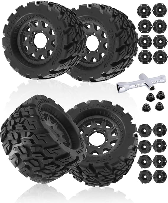 RC Tires for 1/10 Stampede Rustler Hoss,1/10 Granite Vorteks Big Rock,1/10 Axia1 L0S1 Red cat Rc 4wd,12mm/14mm Hex Rc Truck Wheel and Tires,4Pack(Black)