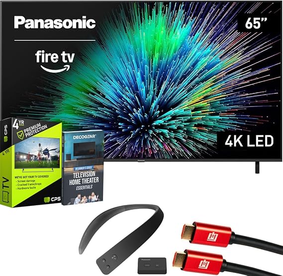 Panasonic TV-75W70BP W70 Series 75 inch LED 4K Ultra HD Smart Fire TV Bundle with WN10 Neck Speaker, 4 YR CPS Enhanced Protection, 2X HDMI Cable & Deco Gear Complete Home Theater Beginner's Guidebook