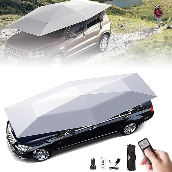 Car Tent, Mobile Folding Carport, Remote Control Automatic Car Tent, Car Canopy Umbrella for Outdoor Tent, Fully-Automatic Summer Car Umbrella Cover, for Camping,4.6 * 2.3m-Silver