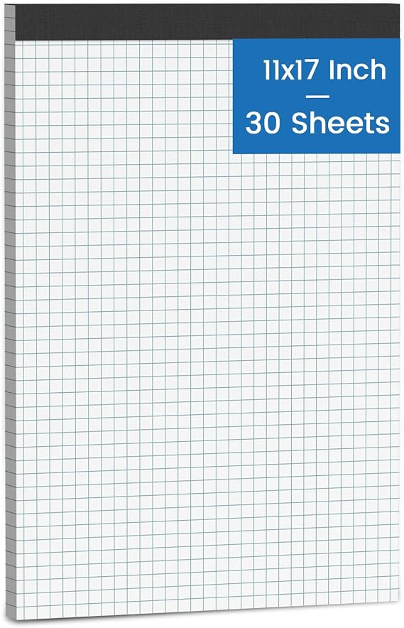 11x17 Graph Paper Pad, 4x4 Quad Ruled, 30 Sheets Large Graphing Paper 11x17