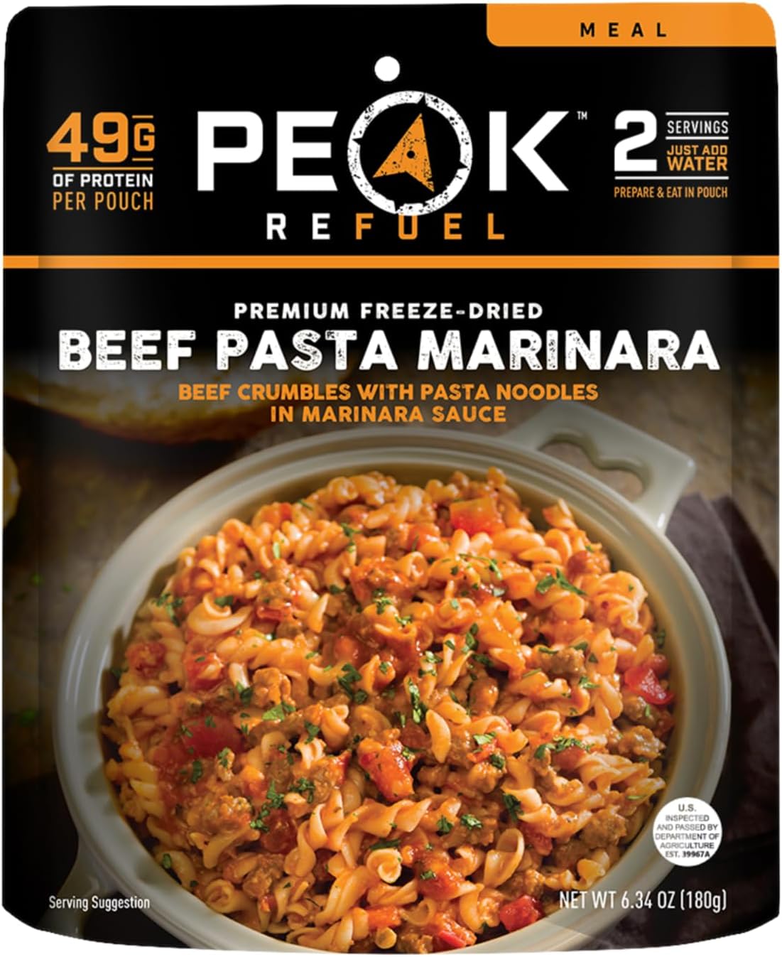 Peak Refuel Beef Pasta Marinara | 49g Protein | 1040 Calories | 100% Real Meat | Premium Freeze Dried Backpacking & Camping Food | 2 Servings | Ideal MRE Survival Meal
