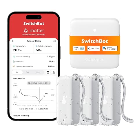 SwitchBot WiFi Thermometer Hygrometer 3Pack with Hub Mini Matter, IP65 Indoor Outdoor Thermometer Wireless, Humidity/Temperature/Dewpoint/VPD/Absolute Humidity, Works with AppleHome, Alexa, GoogleHome