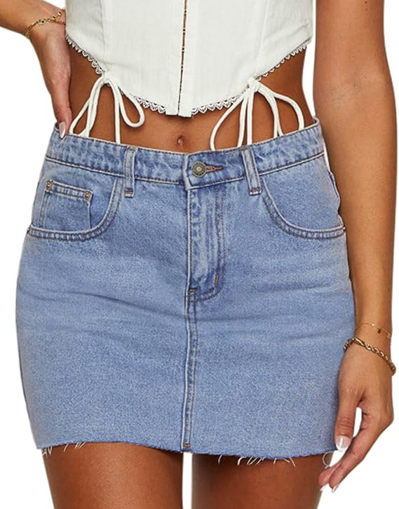 KDF Women's Denim Skirt with Shorts Trendy Denim Skort Jean Skirt with Raw Hem & Pocket