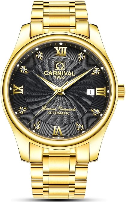 TEINTOP Carnival Men's Automatic Mechanical Business Watch Analog Luminous Calendar Stainless Steel Band (All Gold Black)