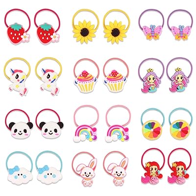 Girls Elastic Hair Ties, 24pcs 12 pairs Hair Accessories for Girls, Toddlers, Kids, Teens, Children, Cartoon Hair Ties, Soft Rubber Bands Ponytail Holders, Multicolor