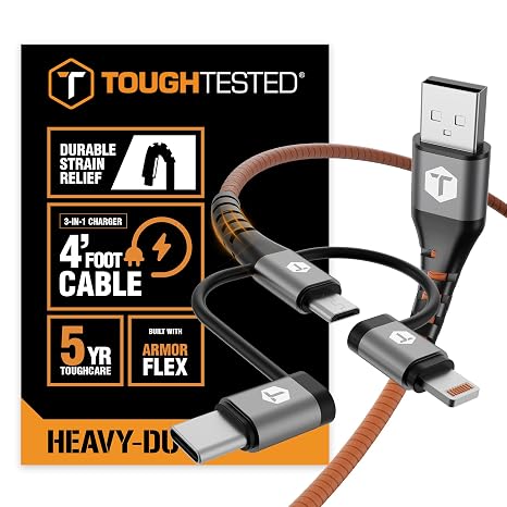 4FT 3-in-1 Fast Charging Cable, USB A Lightning USB-C, 3A | Armor Flex braided cable with Micro USB, Lightning, and USB-C connectors for wide device compatibility