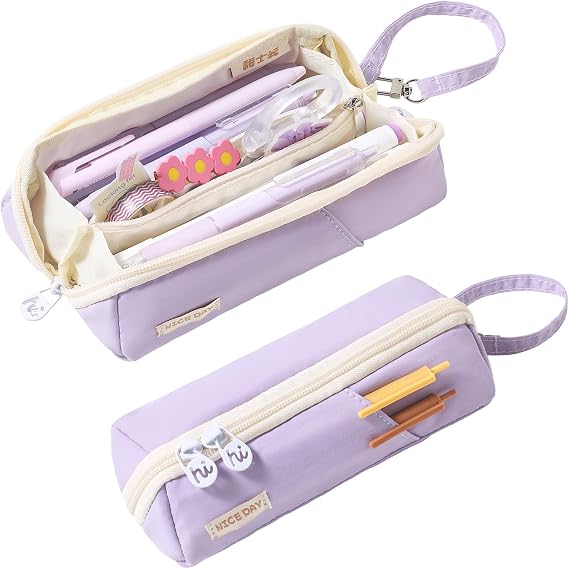 180 Full Open Small Purple Pencil Case for Girls with Carry Handle | 180 full opening for quick access to supplies. Compact organizer pouch, great for school, office stationery and daily use.