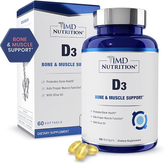1MD Nutrition Vitamin D3 5000 IU Softgels | Bone Health, Muscle Function, Immune Support | Wheat Free and Non-GMO with Olive Oil | 2-Month Supply