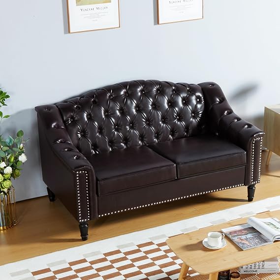 Chesterfield Loveseat, 55" Faux Leather Love Seat Sofa, Comy Small Sofa Counch with Camelback for Small Spaces, Mid Century Modern 2 Deep Seats Couch for Apartment Living Room (PU-Loveseat, Brown)
