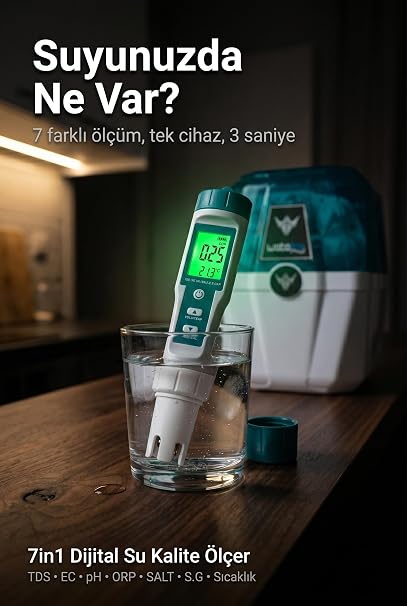 7in1 Dijital Su Kalite Ölçüm Cihazı TDS EC pH ORP Metre Sıcaklık Ölçer | Titanyum Prob, Otomatik Kalibrasyon, IP67 Su Geçirmez, LCD Ekran, 0-10.000 ppm TDS