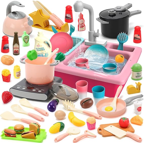 CUTE STONE Color Changing Play Kitchen Sink Toys with Upgraded Real Faucet, Kids Cooking Toys Set with Play Pots and Pans, Electronic Induction Cooktop with Sound and Light, Cookware Utensils