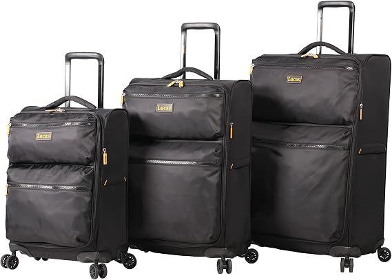 LUCAS Designer Luggage Collection - 3 Piece Softside Expandable Ultra Lightweight Spinner Suitcase Set - Travel Set includes 20 Inch Carry On, 24 Inch & 28 Inch Checked Suitcases (Black)