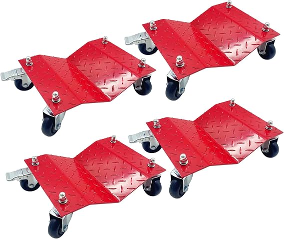 Set of 4 Car Tire Wheel Dolly Furniture Lifters - Heavy Duty Under Vehicle Tire Skates Motorcycle Jack and Moving Dollies with Wheels 6000lbs Capacity Black (Red, 4 Dollies)