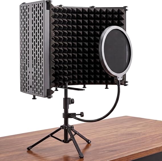 Microphone Isolation Shield with Pop Filter & Metal Desk Tripod Mic Stand Adjustable, 5-Panel Foldable Studio Mic Isolation Shield Portable for Recording Music Singing Podcasting Studio Equipment