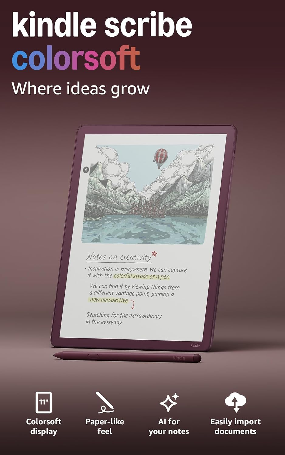 Amazon Kindle Scribe Colorsoft (newest gen), paper like colour display, front light, thin, light, powerful, built in notebook, documents, books, Fig + Kindle Unlimited