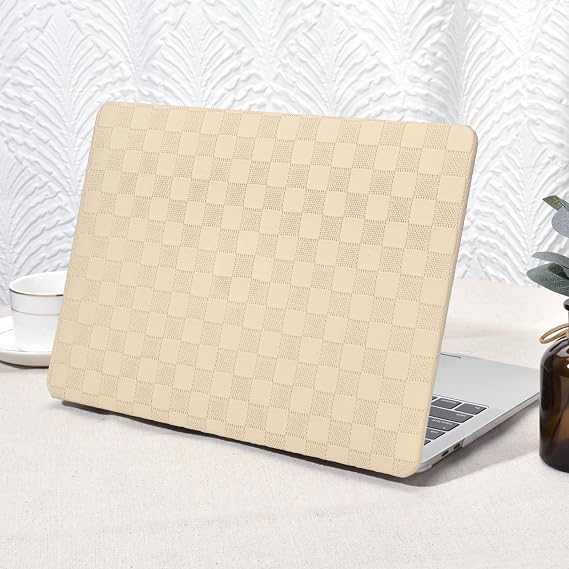 Seorsok Compatible with MacBook Air 13 Inch Case2022 2021 2020 2019 2018 Release A1932 A2179 M1 A2337,Elegant Leather Plastic Hard Shell Case Transparent Keyboard Cover,Khaki PVC Grid No Logo Cutout